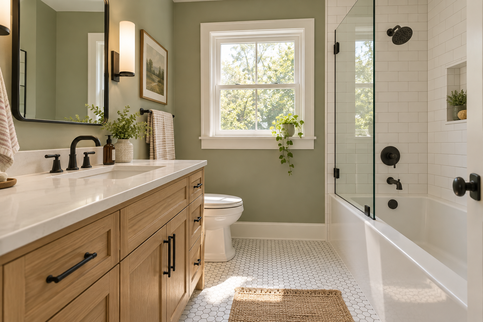 AI-generated compact bathroom concept with sage walls, oak vanity, and tiled tub-shower
