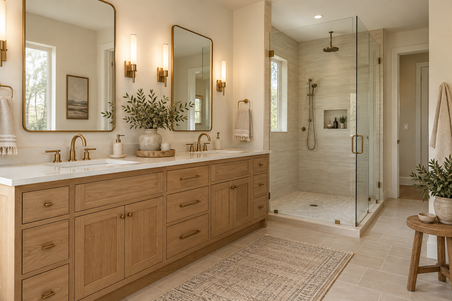AI-generated bathroom renovation design inspiration with a glass shower and wood vanity