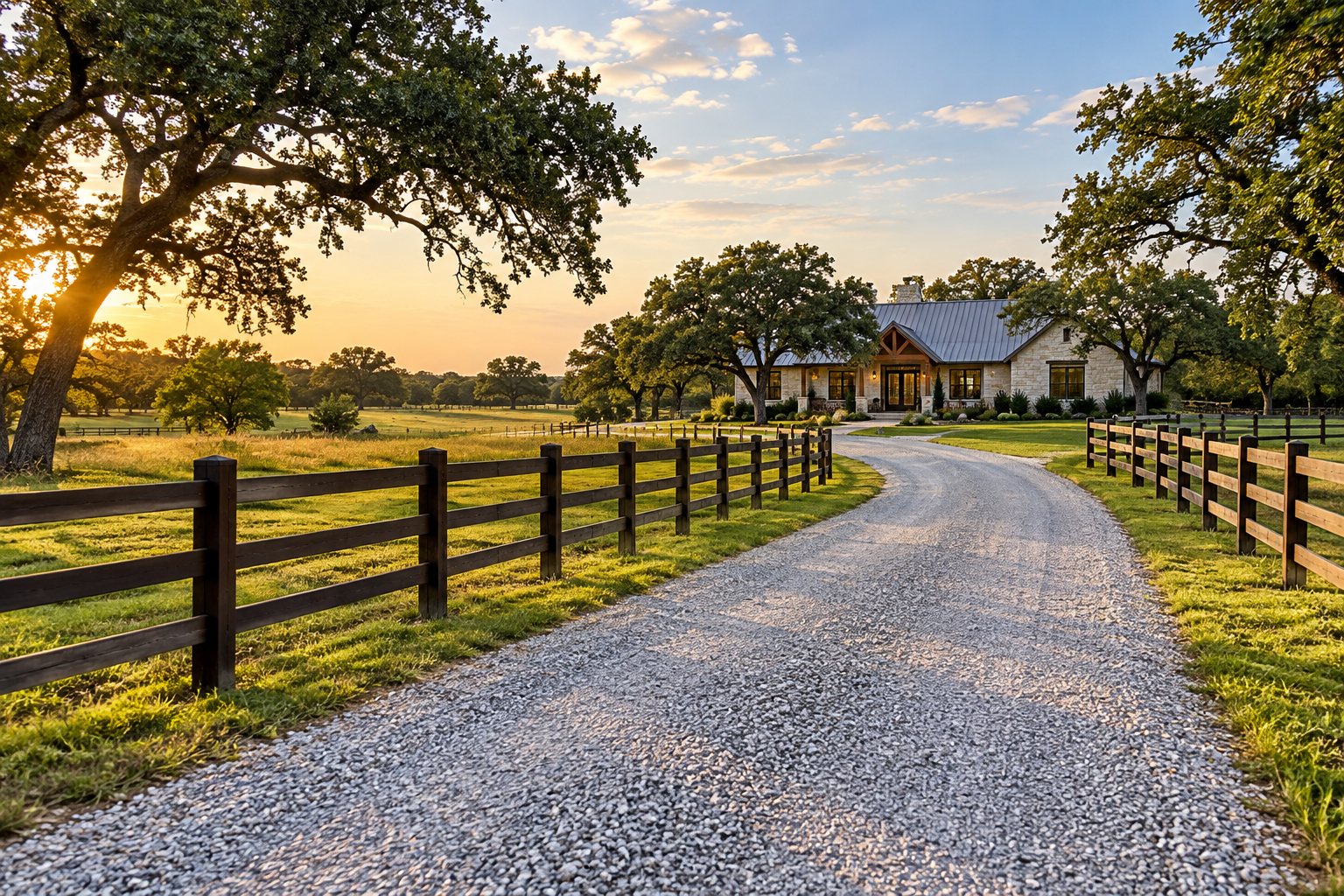 AI-generated rural property inspiration with a gravel road and farm fencing