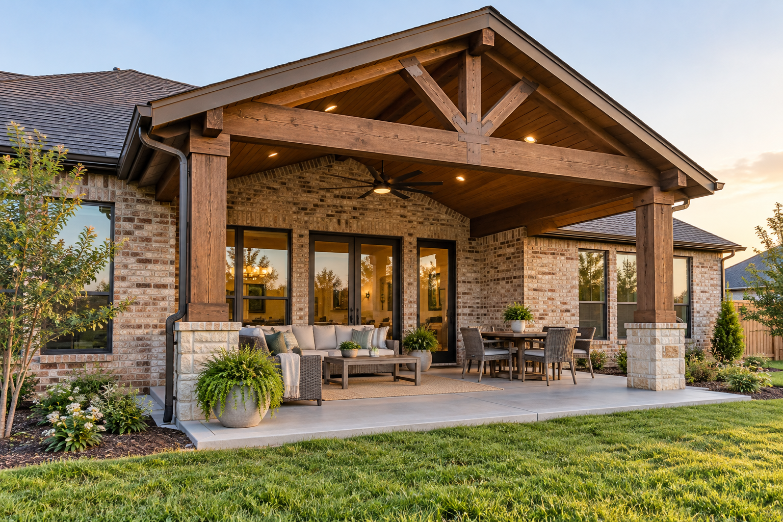 AI-generated covered patio concept with timber posts, seating, and dining area