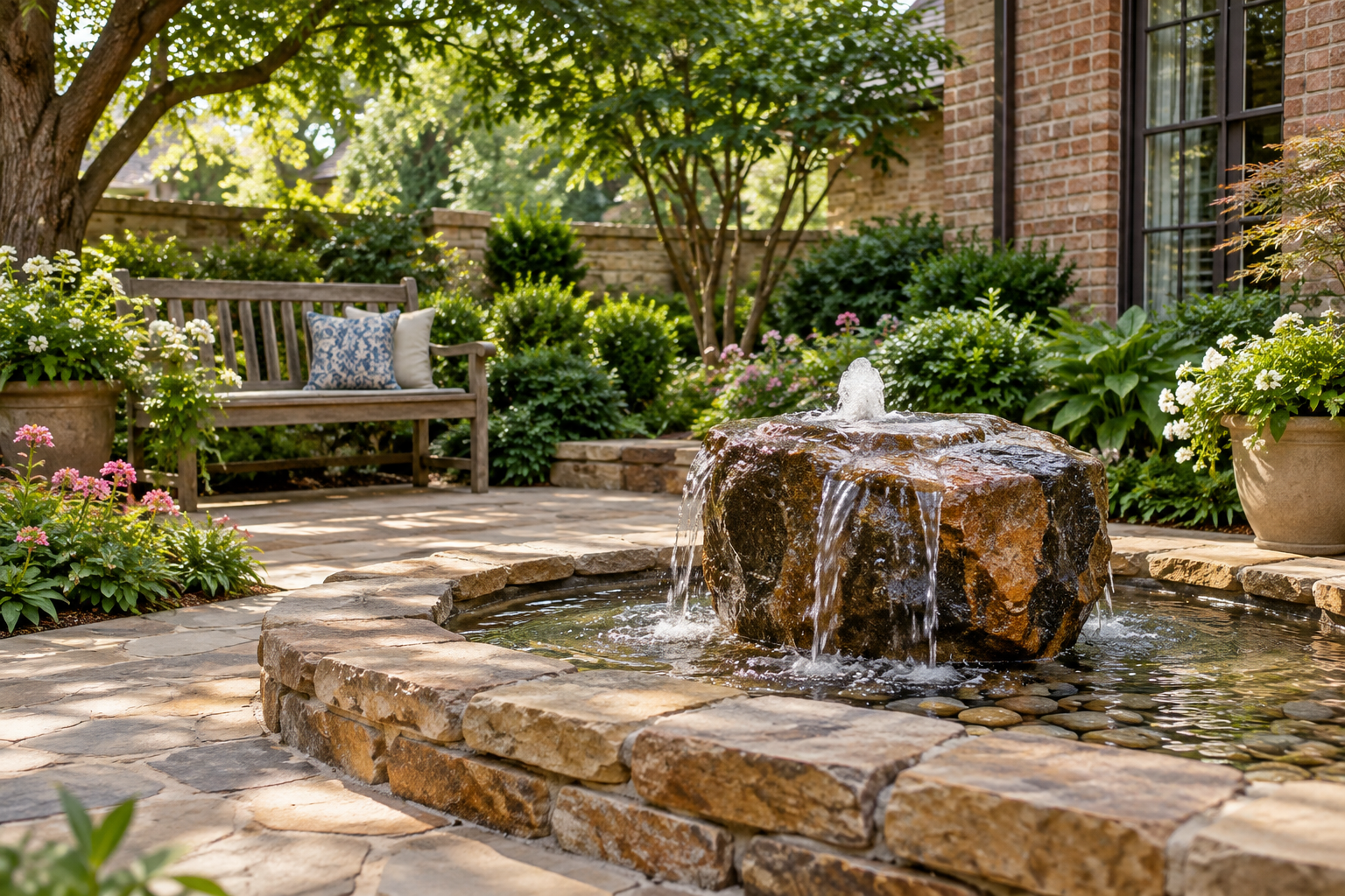 AI-generated garden water feature inspiration with a stone fountain