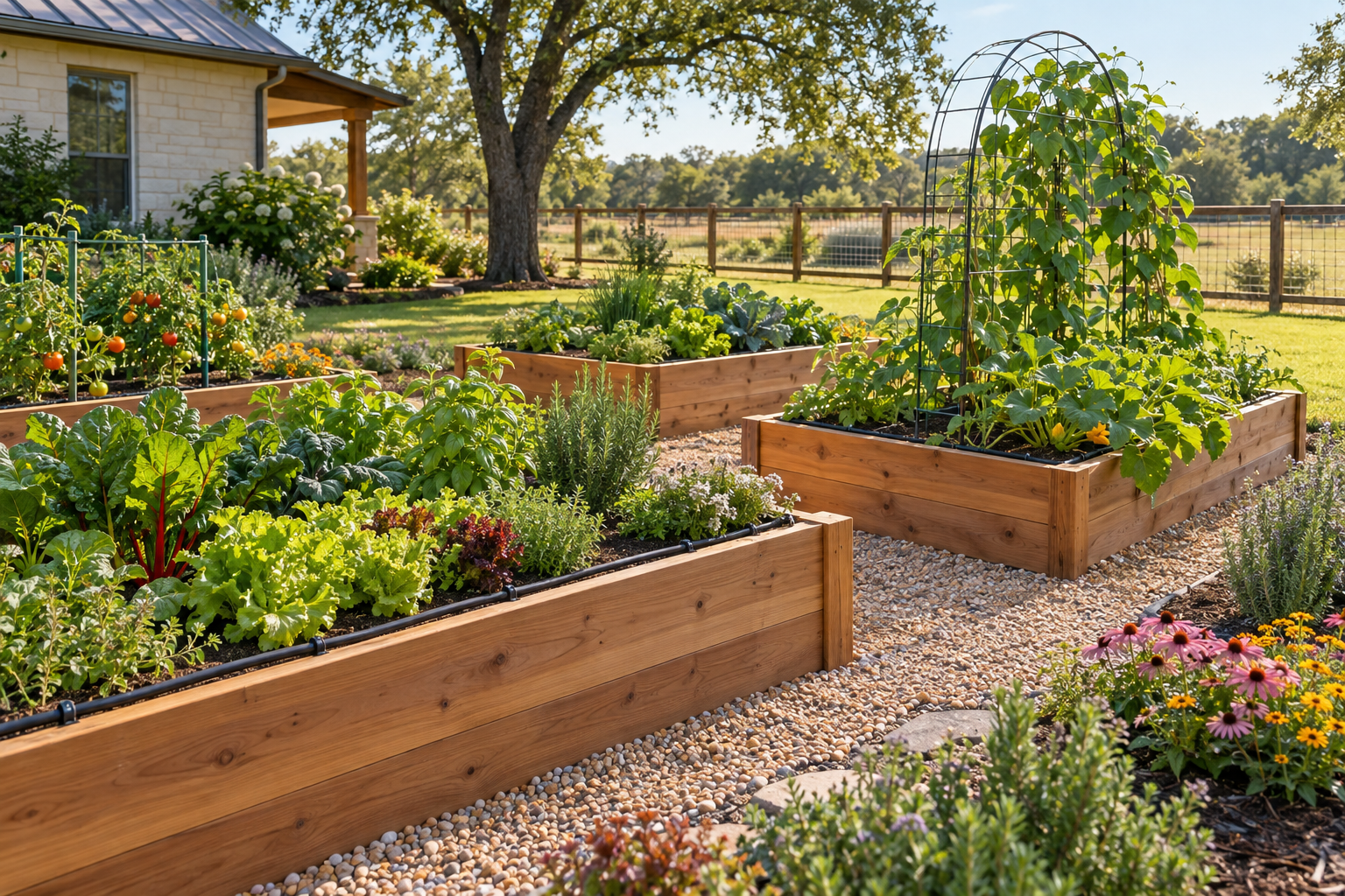 AI-generated raised-bed garden concept with vegetables, trellis, and drip irrigation