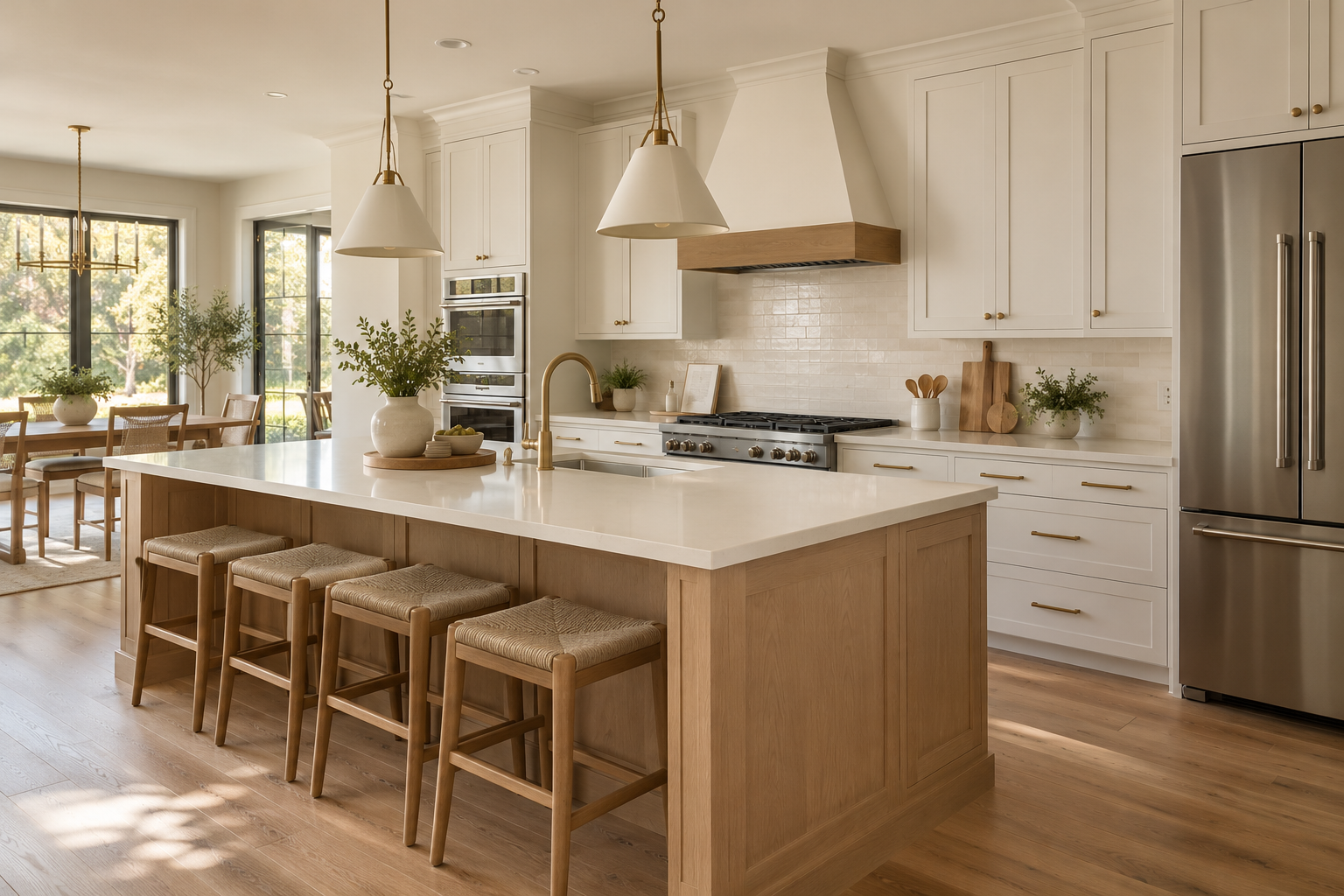 AI-generated renovated kitchen concept with white cabinetry and natural oak island