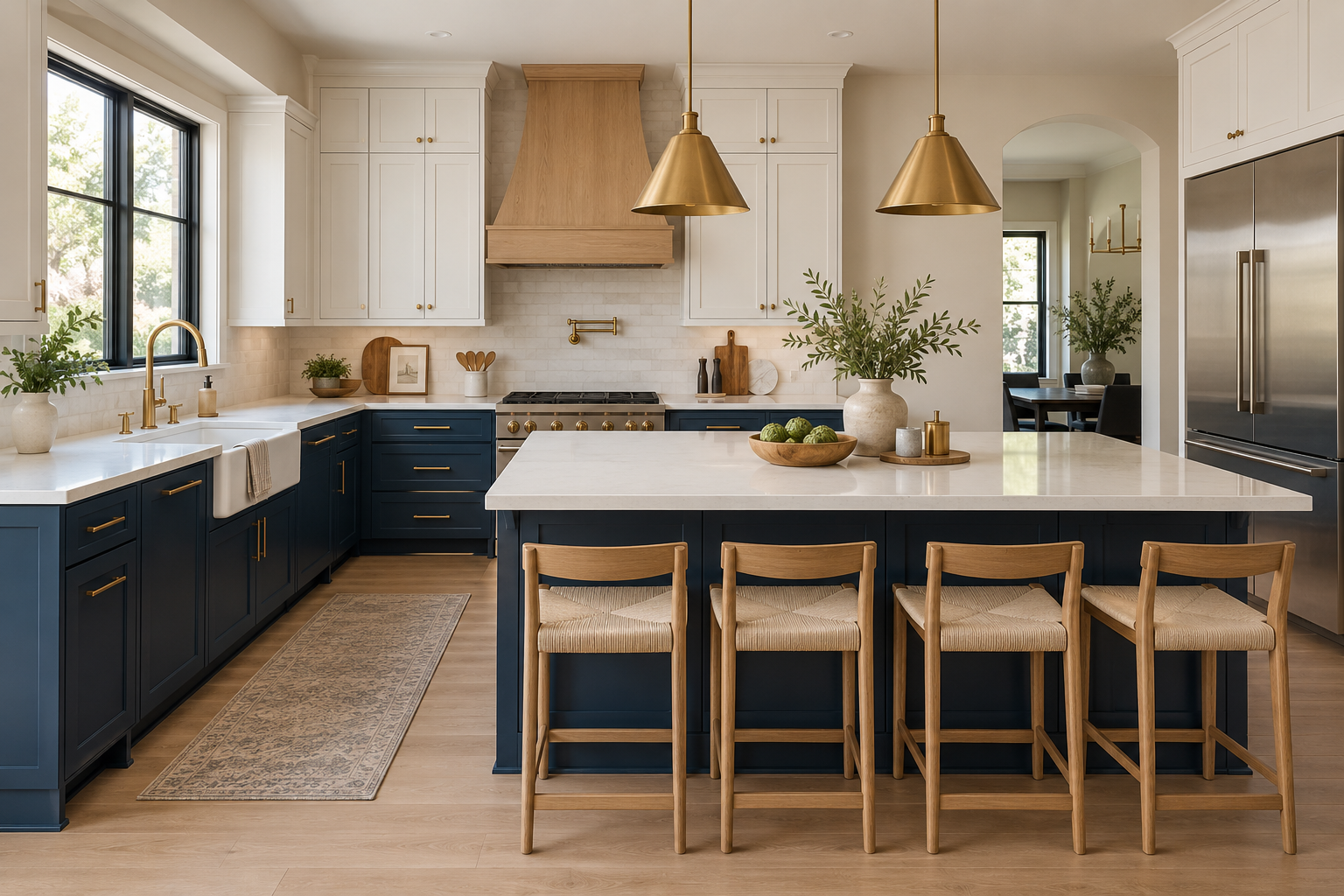 AI-generated kitchen concept with navy cabinetry, light counters, and oak accents
