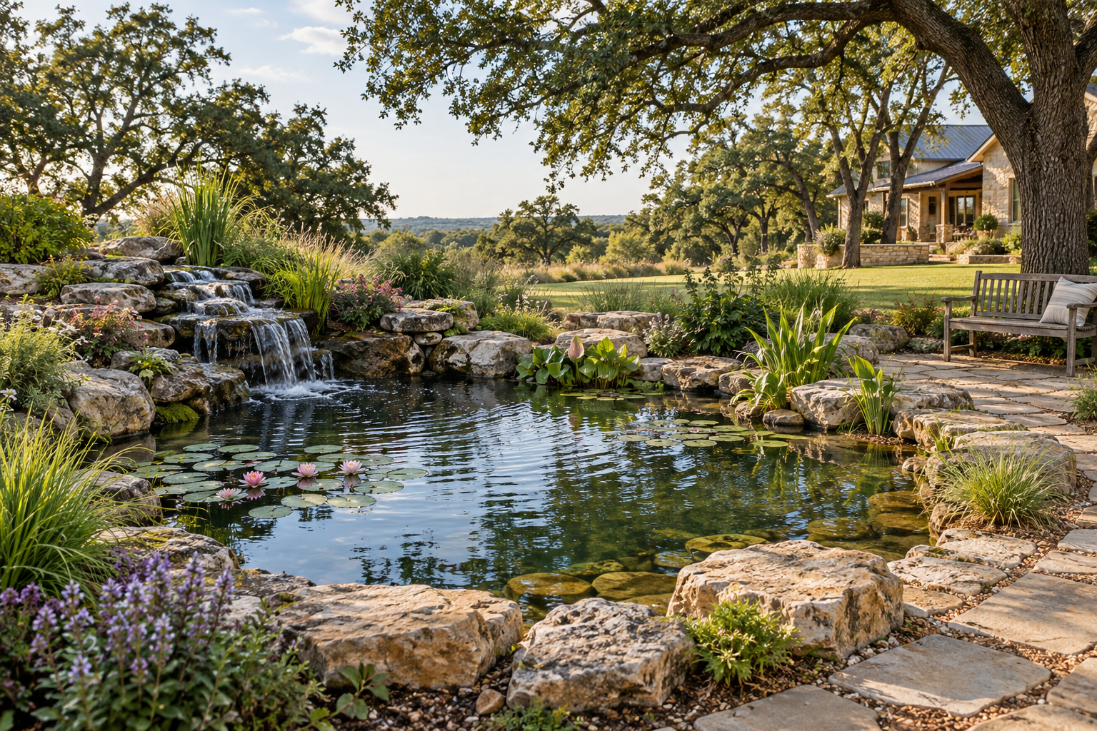 AI-generated garden pond concept with rock waterfall, water lilies, and planted edges